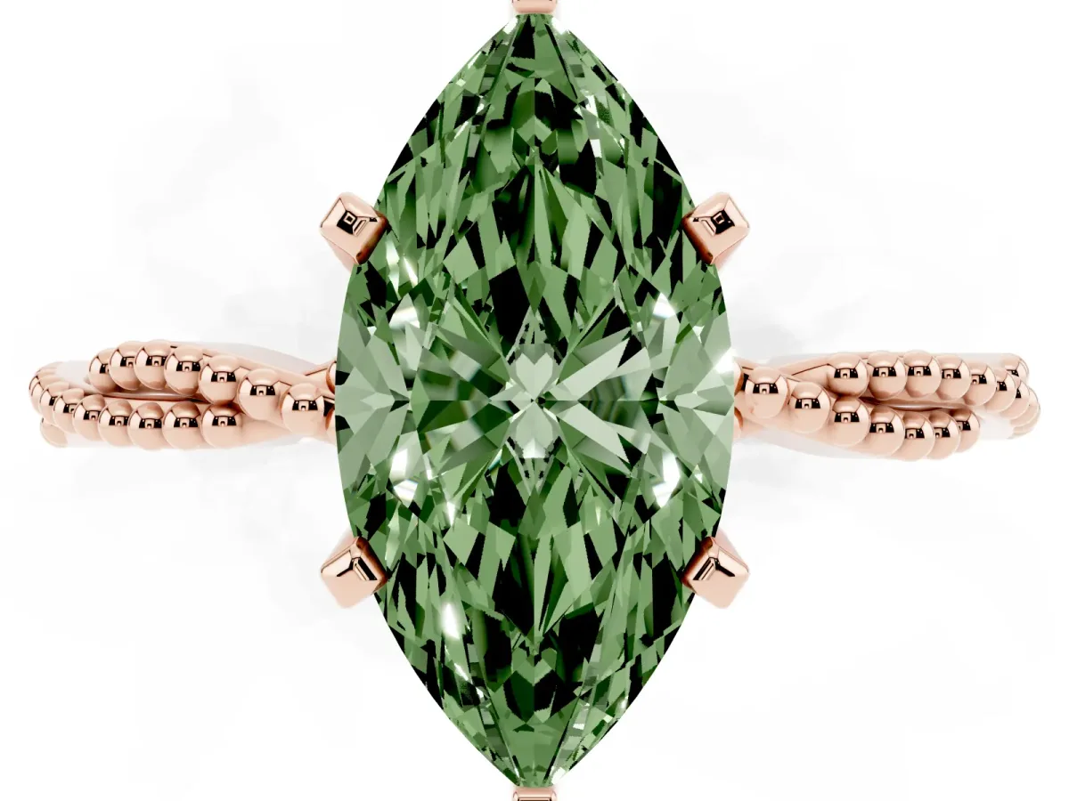Fancy Green Marquise Cut Solitaire Twisted Band with Bead Prong Setting Rose gold