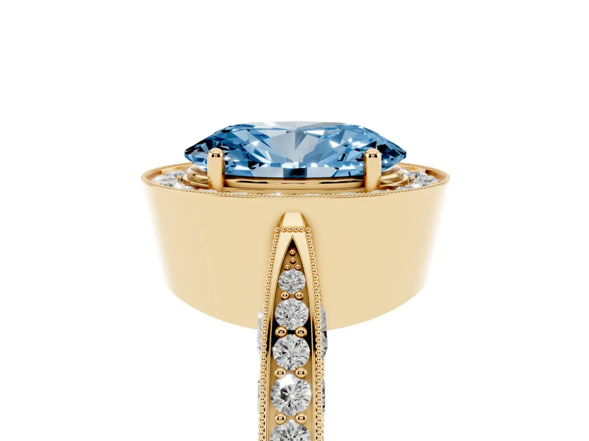 Fancy Blue Oval Cut Halo Diamond Engagement Ring with Split Shank Band and Four-Prong Setting Yellow gold