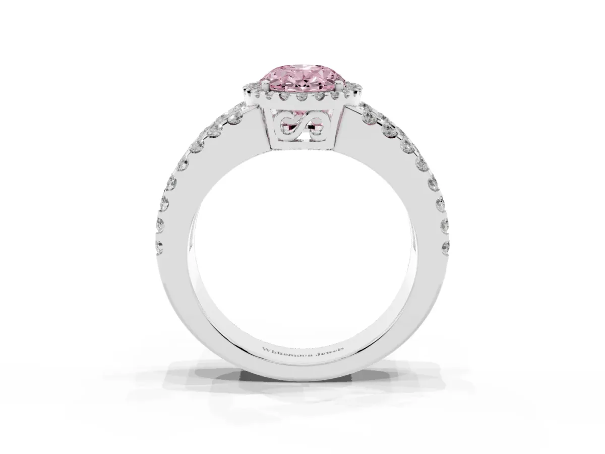 Fancy Pink Oval Cut Cut Halo Split Shank Diamond Ring with Four-Prong Setting Silver