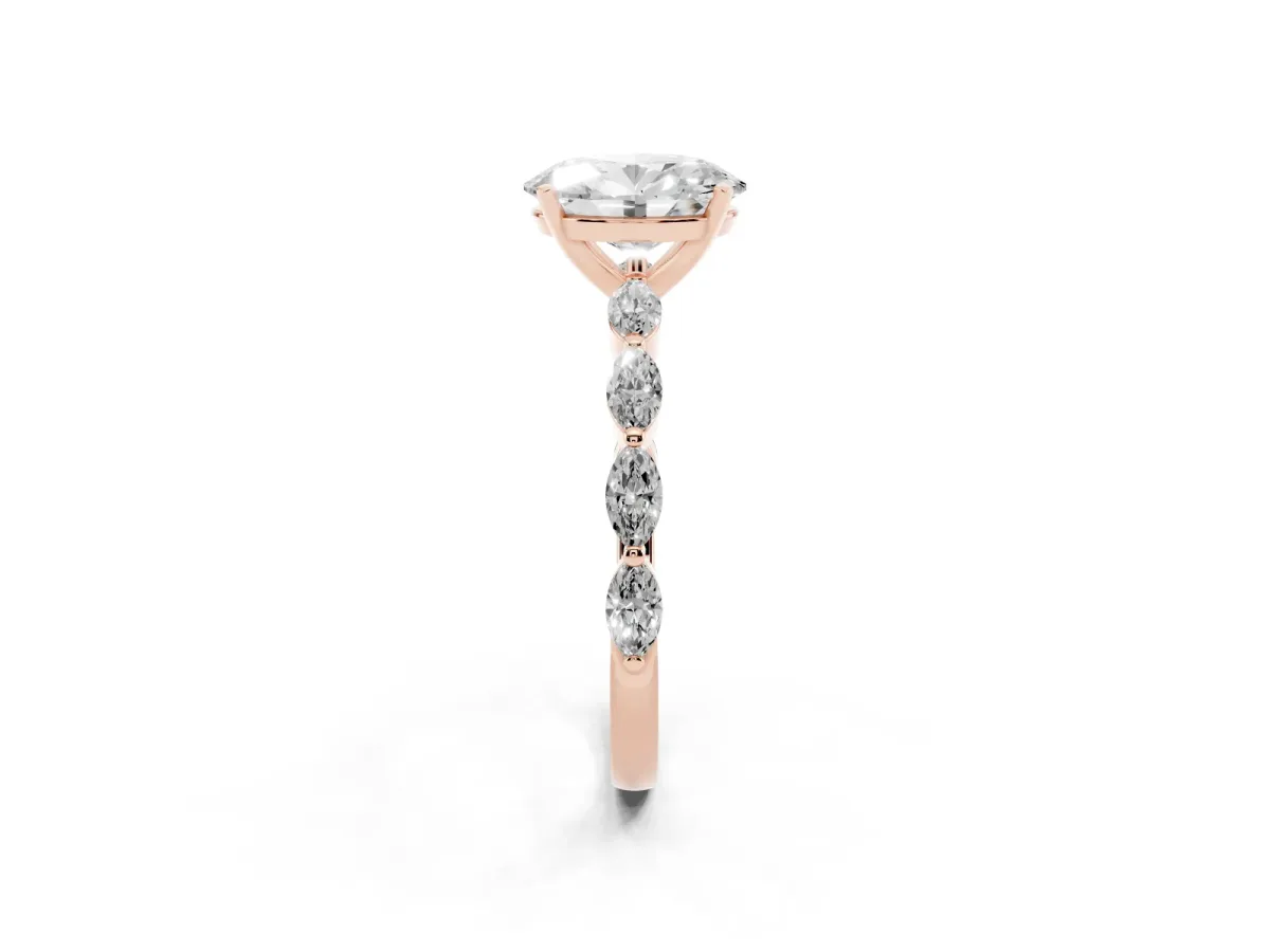 Oval Cut Diamond Ring with Marquise Side Stones and Prong Setting Rose gold