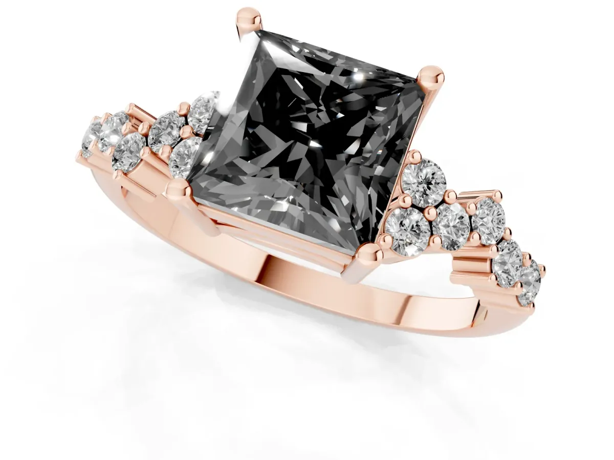 Fancy Black Princess Cut Diamond Scattered Round Accent Ring with Prong Setting Rose gold