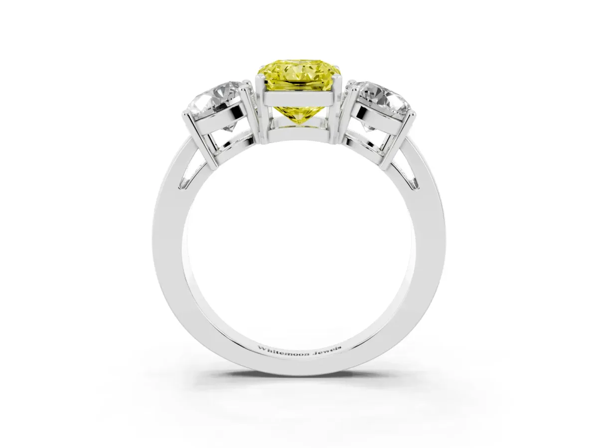 Fancy Yellow Three-Stone Radiant Cut Diamond Ring with Round Side Stones, Classic Band, and Four-Prong Setting Platinum