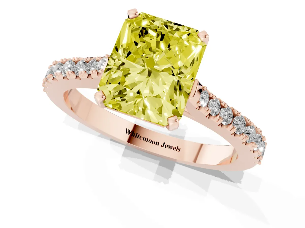 Fancy Yellow Radiant Cut Cut Solitaire Diamond Engagement Ring with Pave Band and Four-Prong Setting Rose gold