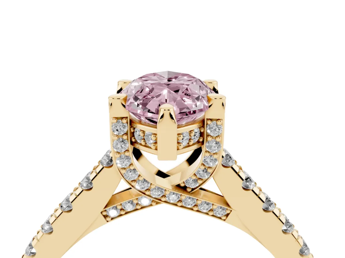 Fancy Pink Marquise Cut Brilliant Diamond Solitaire with Pavé Band and Four-Prong Setting Yellow gold