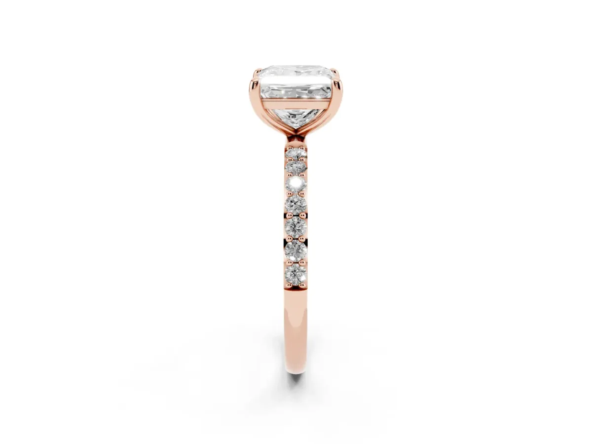 Princess Cut Diamond Solitaire Ring with Round Pavé Band and Prong Setting Rose gold