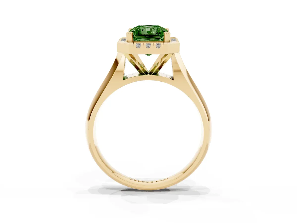 Fancy Green Radiant Cut Cut Halo Solitaire Engagement Ring with Square Band and Four-Prong Setting Yellow gold