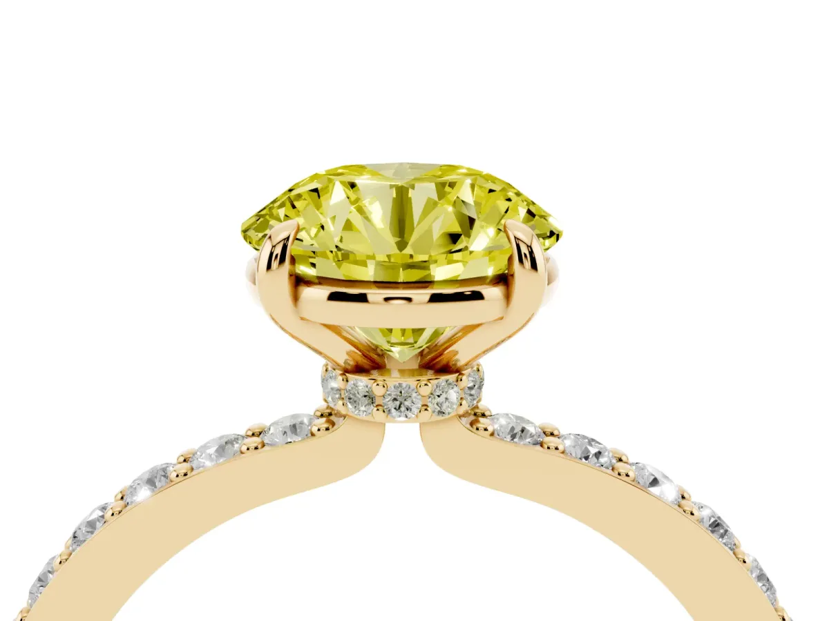 Fancy Yellow Round Cut Diamond Pavé Engagement Ring with Round Accents and Prong Setting Yellow gold