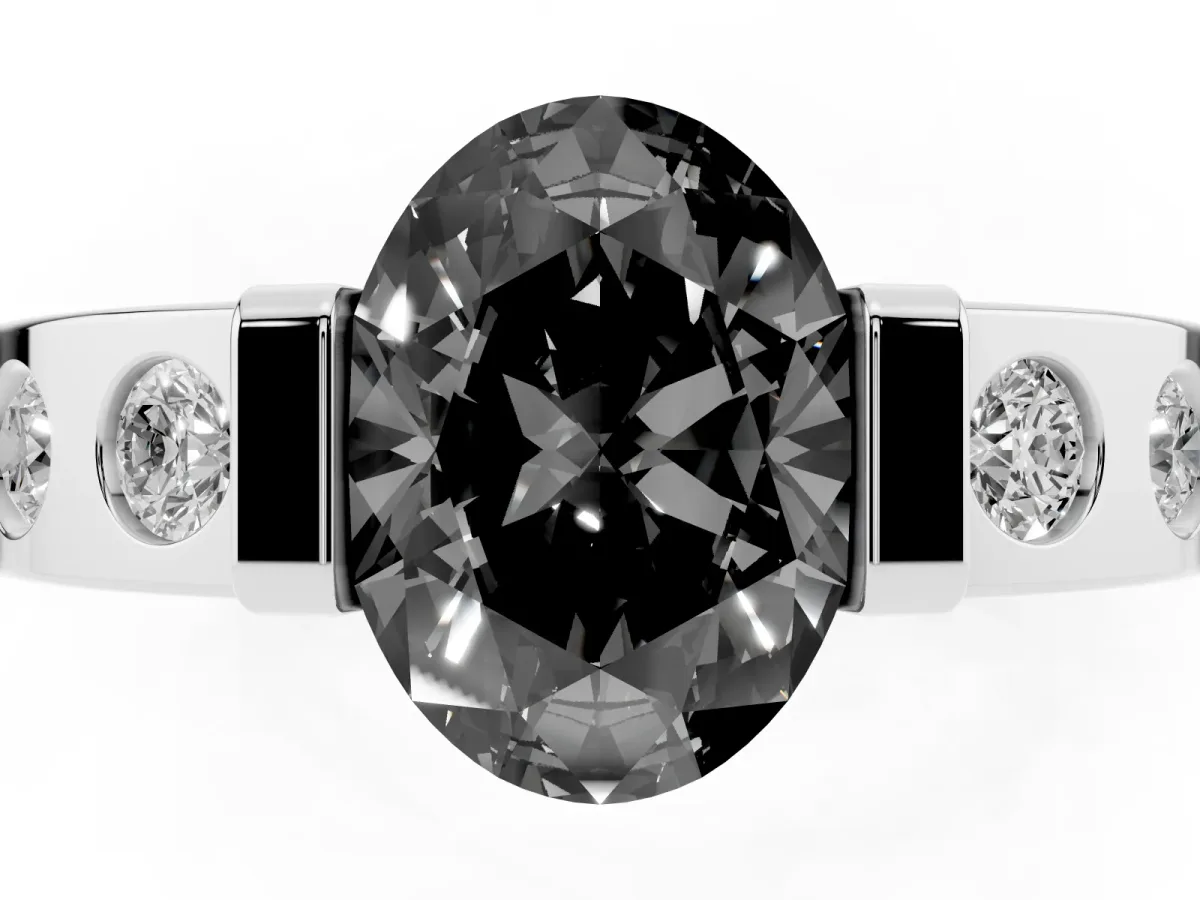 Fancy Black Oval Cut Brilliant Channel-Set Diamond Ring with Bezel Prong Setting Platinum