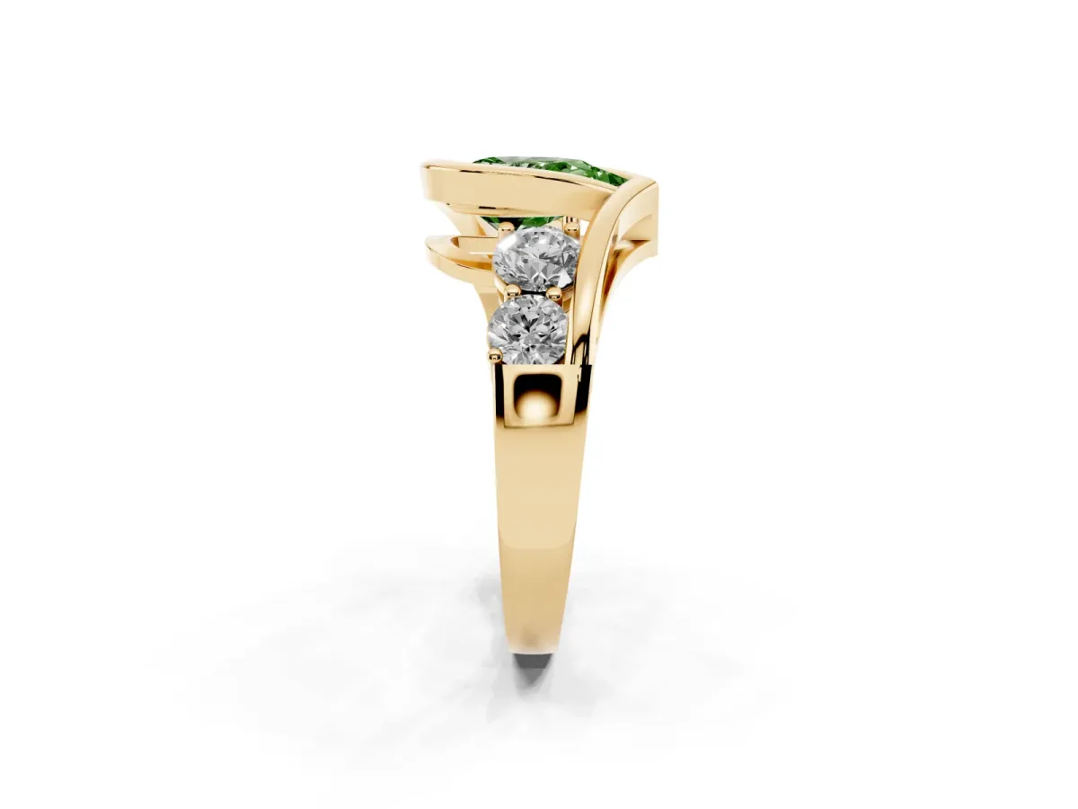 Fancy Green Bezel Set Pear Cut Diamond Bypass Ring with Round Accents Yellow gold