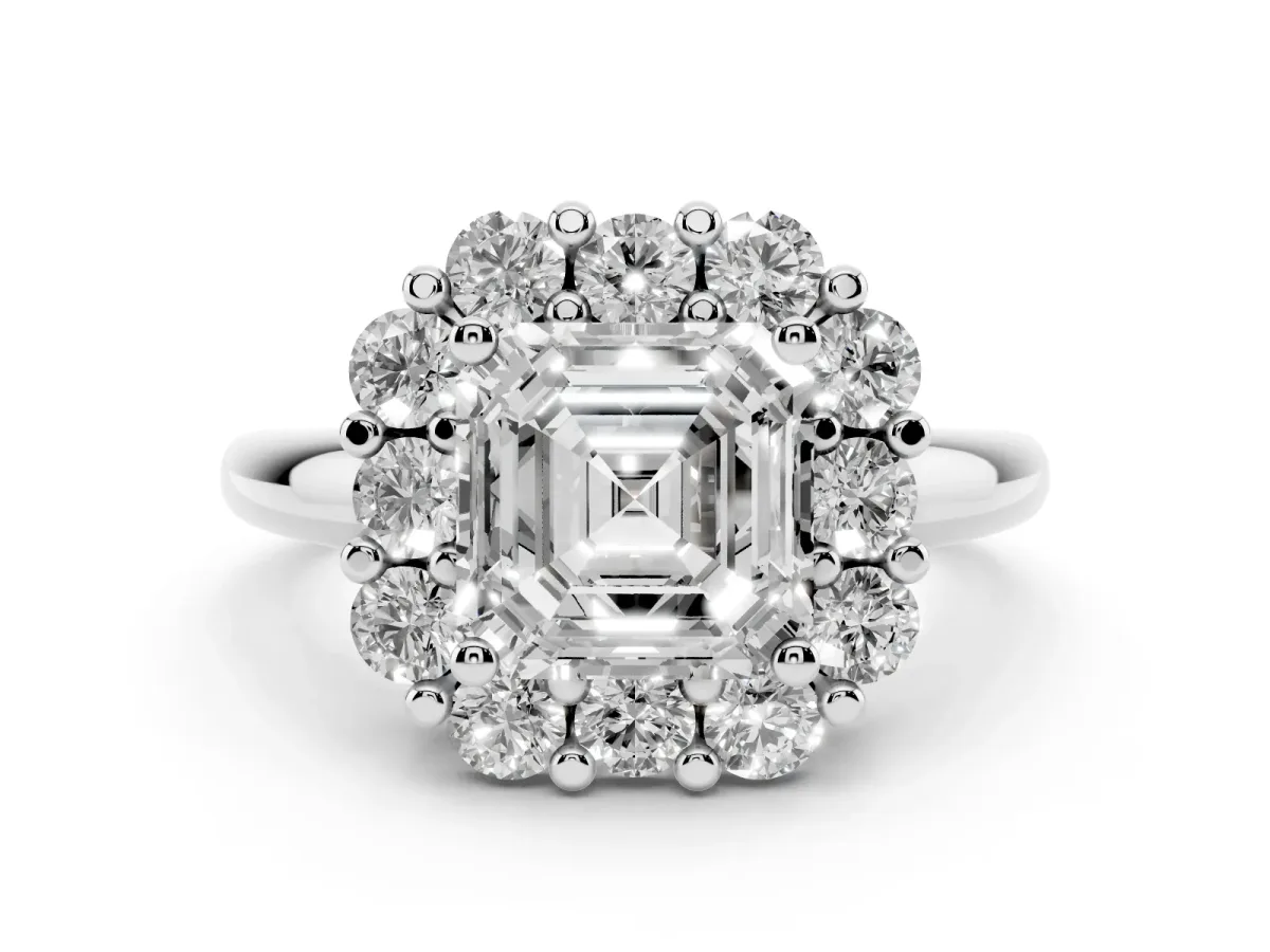 Asscher Cut Halo Cluster Diamond Engagement Ring with Prong Setting and Polished Band White gold