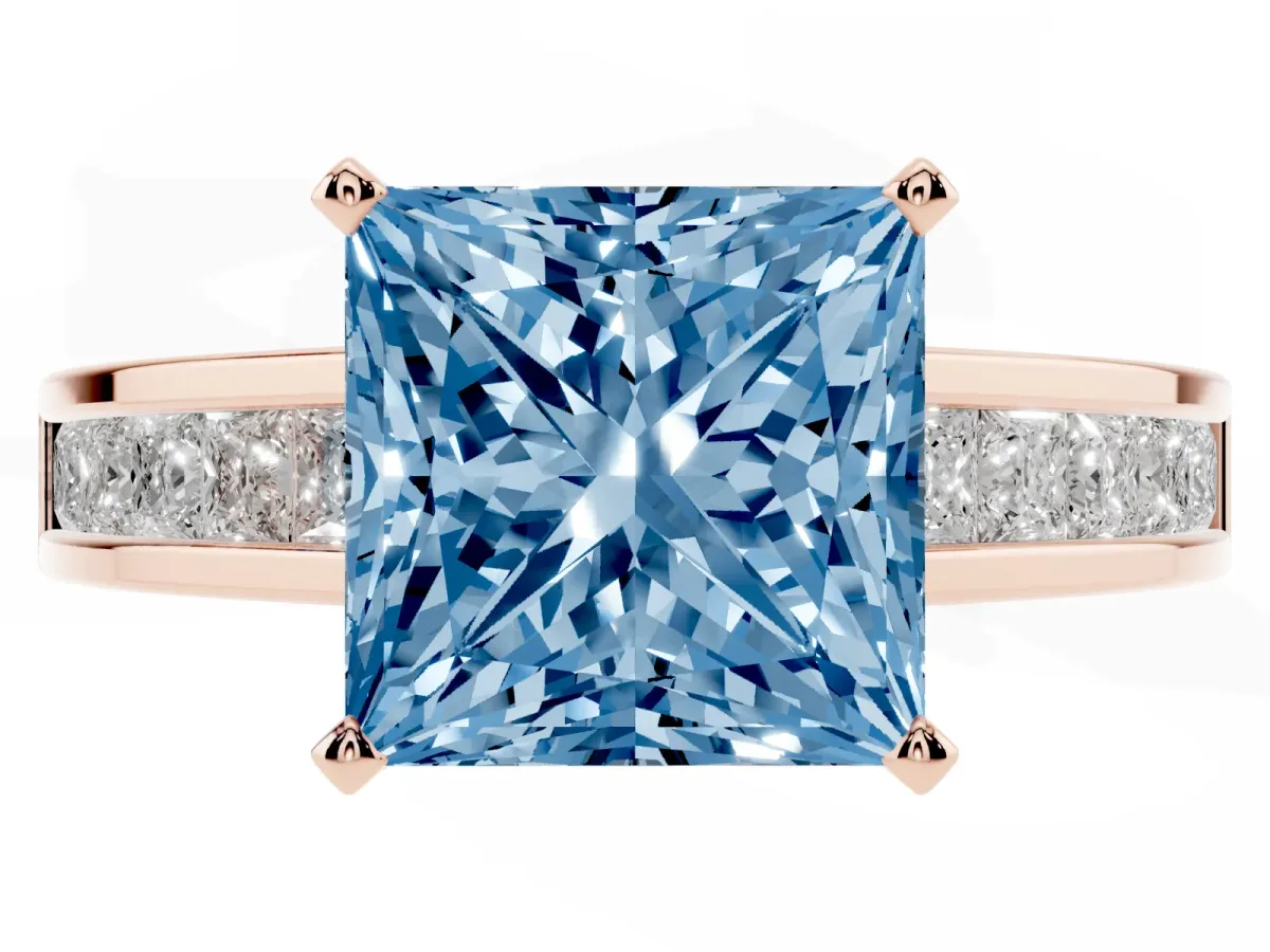 Fancy Blue Princess Cut Solitaire Diamond Ring with Channel-Set Band and Four-Prong Setting Rose gold