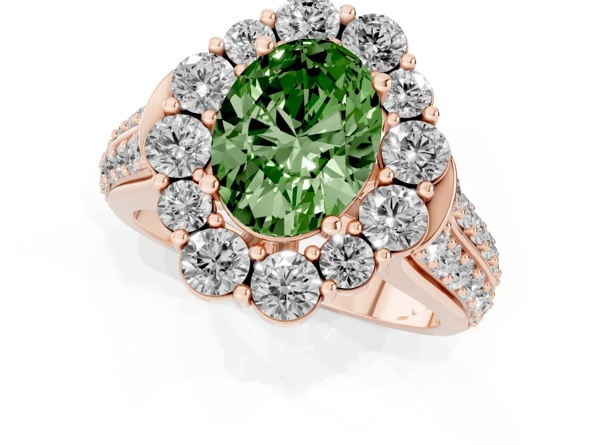 Fancy Green Oval Cut Halo Diamond Engagement Ring with Split Shank and Prong Setting Rose gold