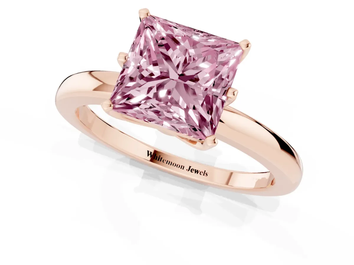 Fancy Pink Princess Cut Solitaire Diamond Ring with Six-Prong Setting on a Classic Band Rose gold