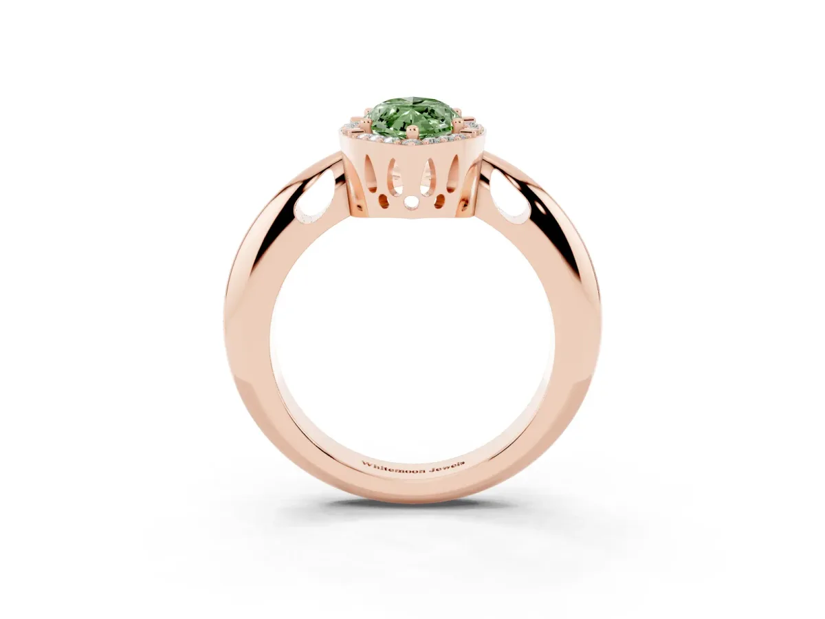 Fancy Green Marquise Cut Cut Diamond Halo Engagement Ring with Split Shank and Four-Prong Setting Rose gold