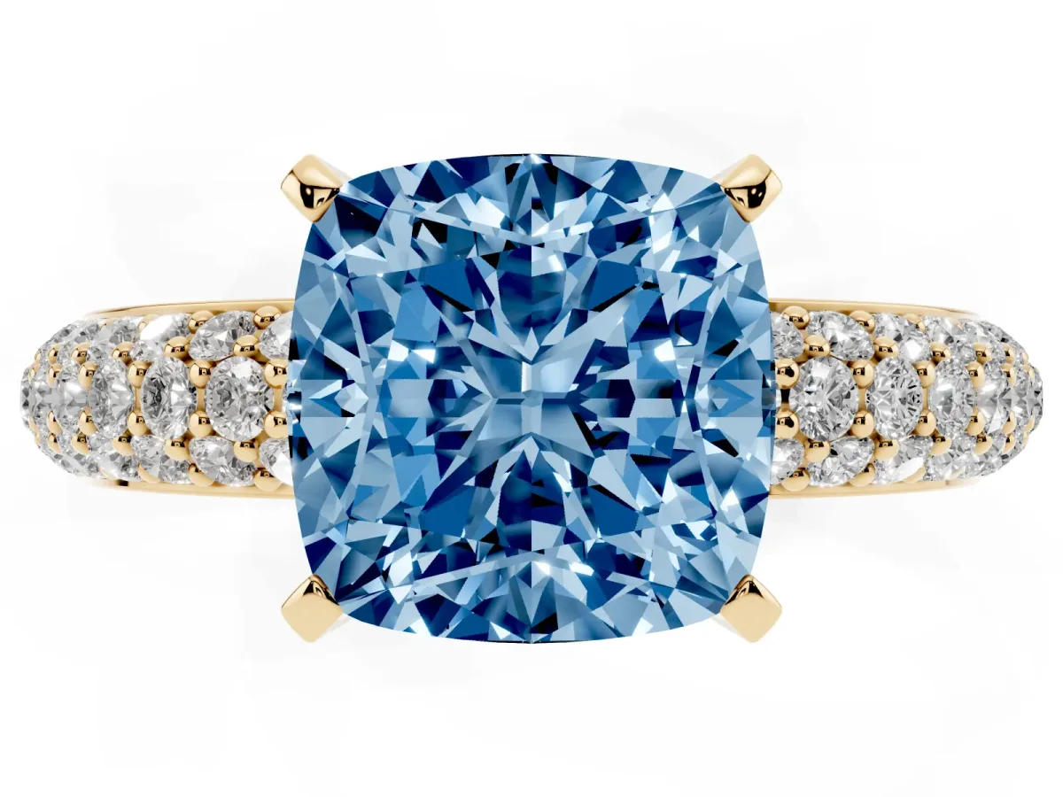Fancy Blue Cushion Cut Diamond Solitaire Ring with Prong Setting and Pavé Band Yellow gold