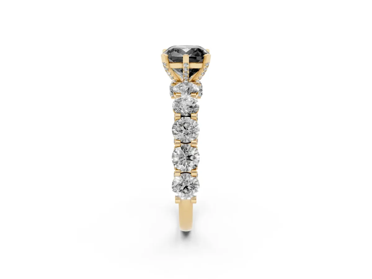Fancy Black Cushion Cut Diamond Side Stone Engagement Ring with Four-Prong Setting Yellow gold