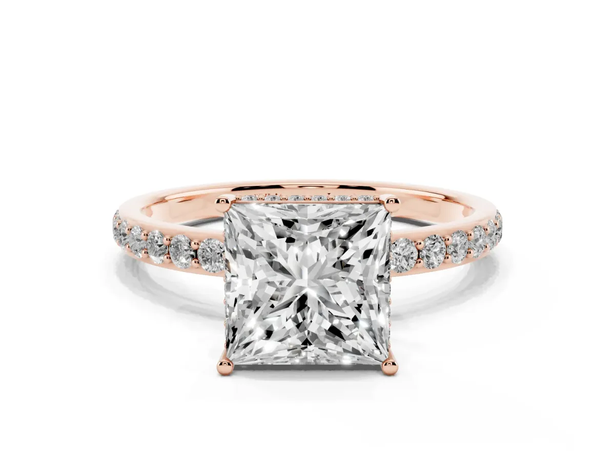 Princess Cut Diamond Solitaire Ring with Pavé Band and Hidden Halo Rose gold