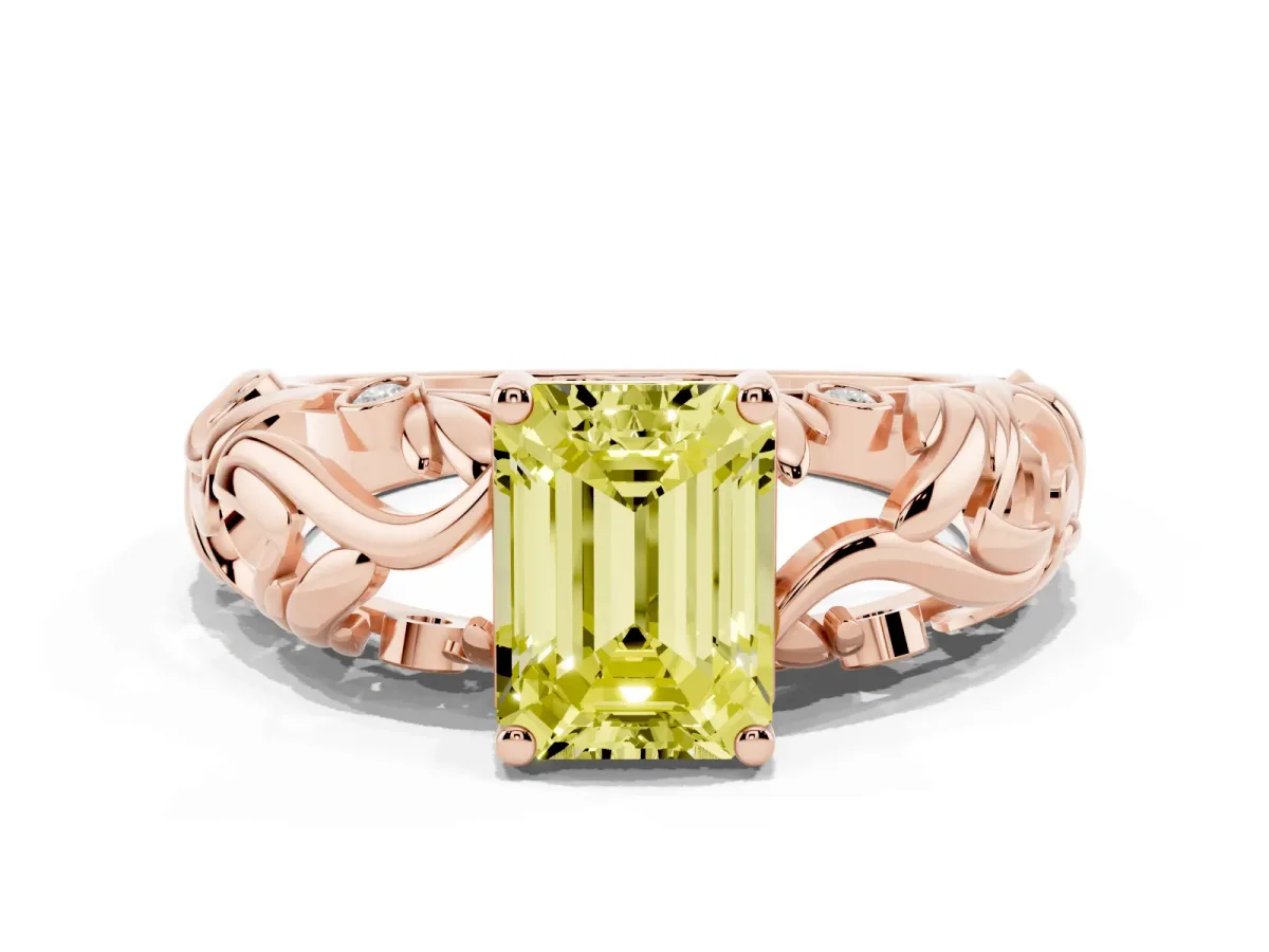 Fancy Yellow Emerald Cut Solitaire Diamond Leaf-Inspired Vine Band Ring with Prong Setting Rose gold