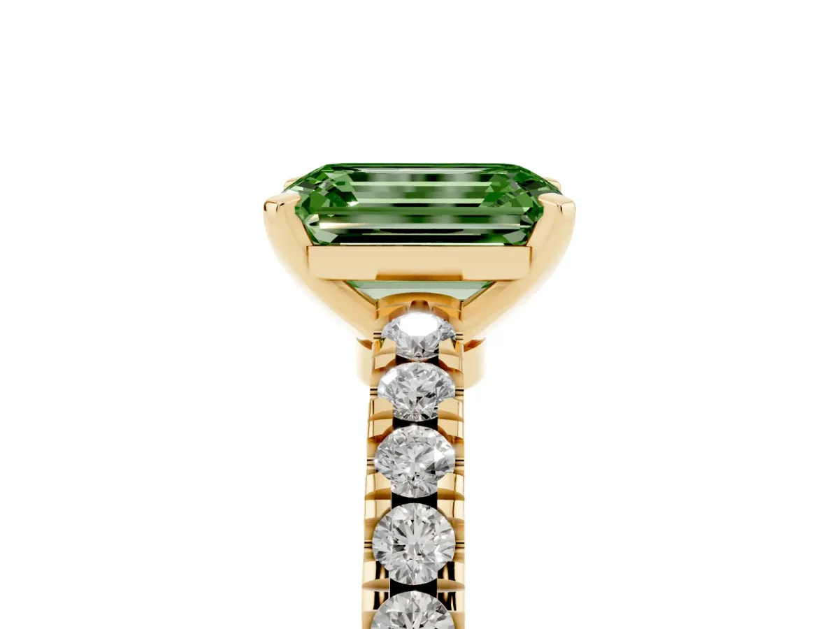 Fancy Green Emerald Cut Solitaire Diamond with Pavé Band and Four-Prong Setting Yellow gold