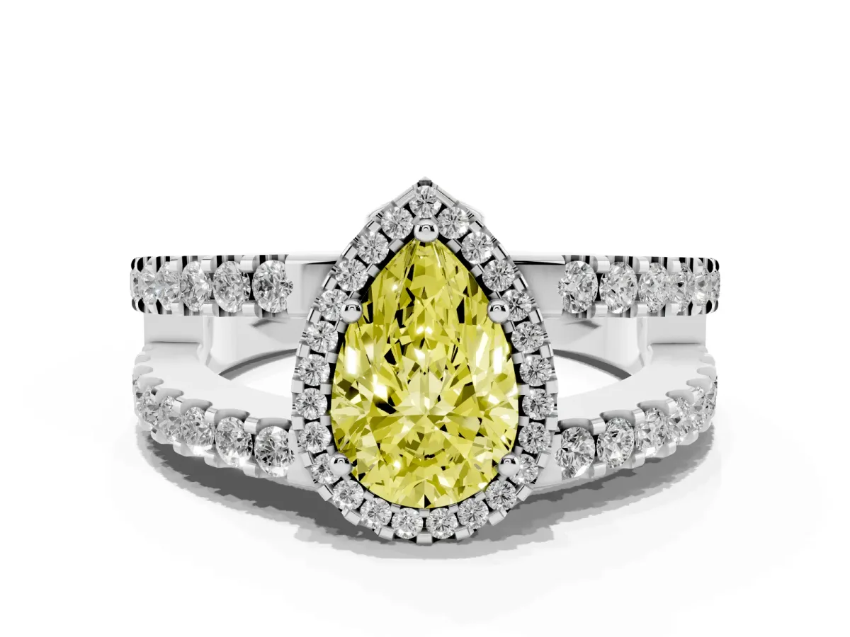 Fancy Yellow Pear Cut Cut Halo Split Shank Diamond Ring with Four-Prong Setting Platinum