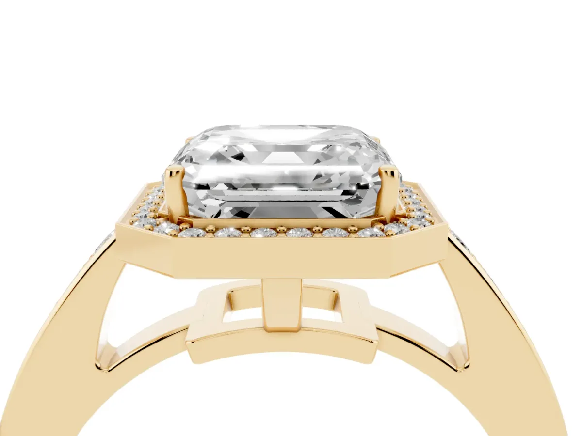 Asscher Cut Halo Pavé Diamond Engagement Ring with Bezel Setting Yellow gold