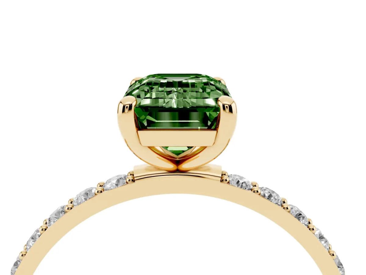 Fancy Green Emerald Cut Diamond Solitaire Ring with Round Pavé Band and Prong Setting Yellow gold