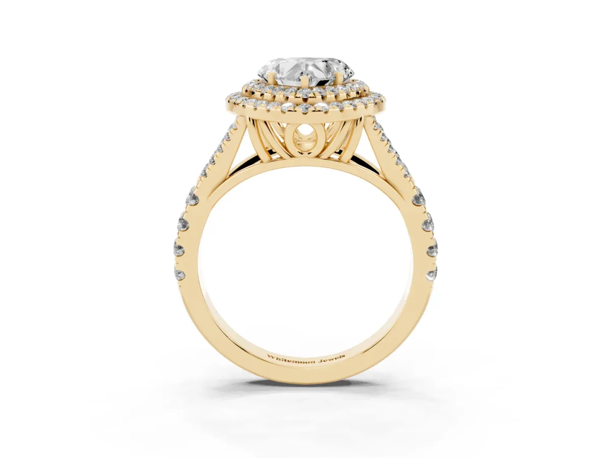 Double Halo Heart Cut Diamond Split Shank Engagement Ring with Four-Prong Setting Yellow gold