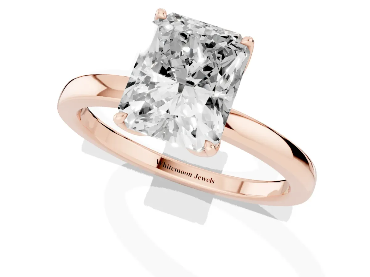 Radiant Cut Diamond Solitaire Ring with Thin Band and Prong Setting Rose gold