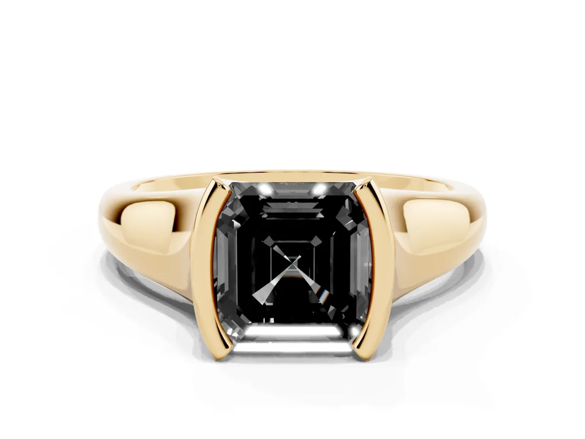 Fancy Black Asscher Cut Solitaire Tension Set Diamond Ring with Split Shank Band Yellow gold