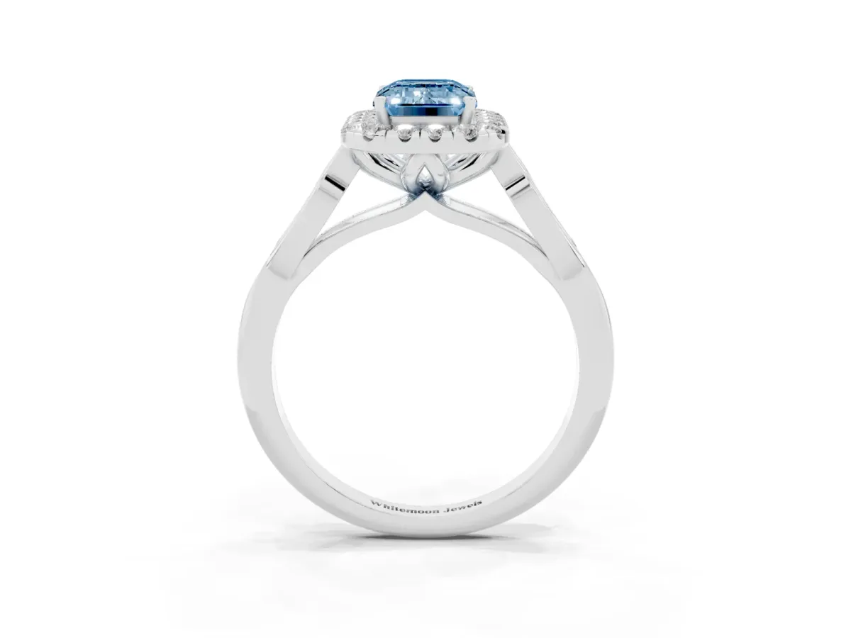 Fancy Blue Emerald Cut Halo Diamond Engagement Ring with Filigree Band and Four-Prong Setting Platinum