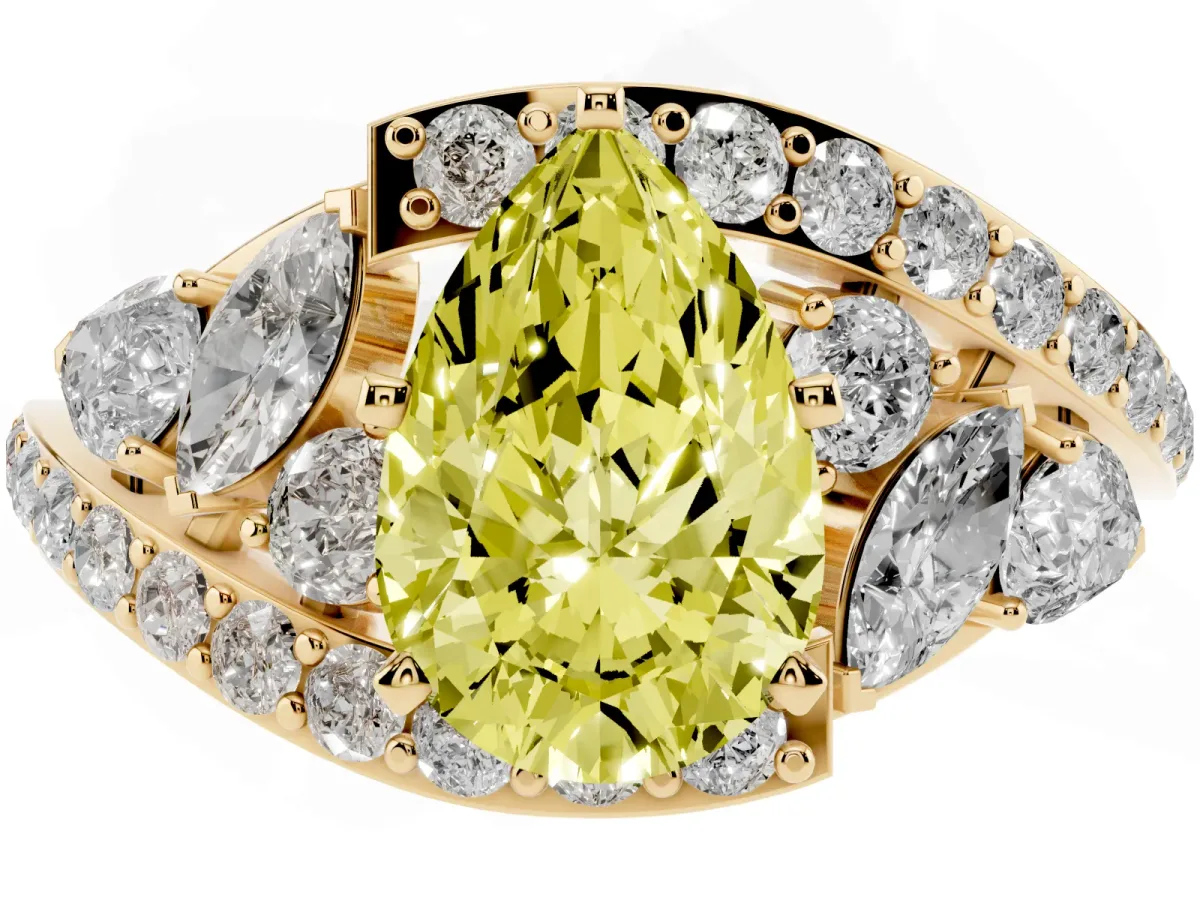 Fancy Yellow Pear Cut Diamond Halo Ring with Marquise and Pavé Band in Prong Setting Yellow gold