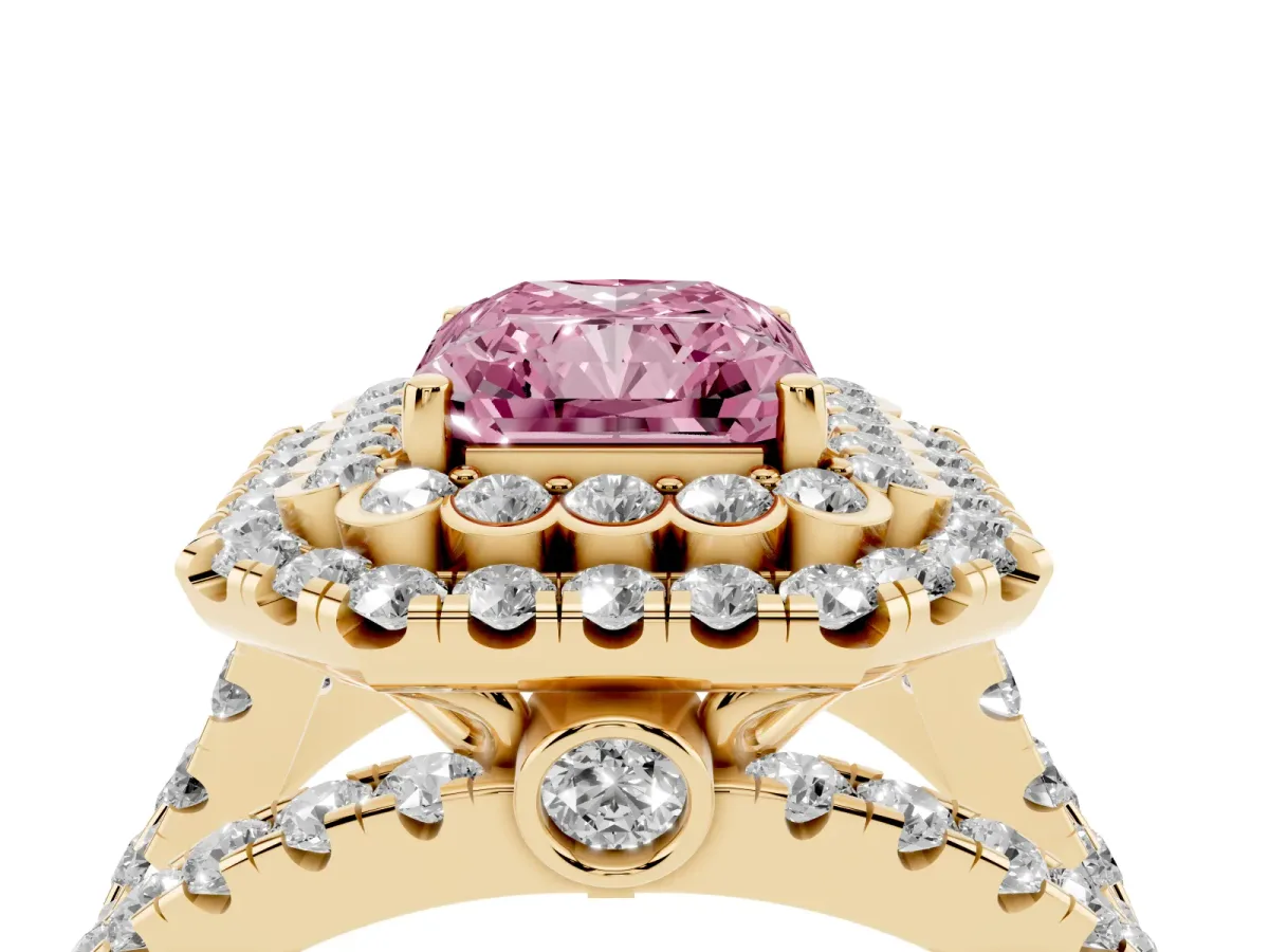 Fancy Pink Radiant Cut Diamond Double Halo Ring with Round Pavé Split Shank and Prong Setting Yellow gold