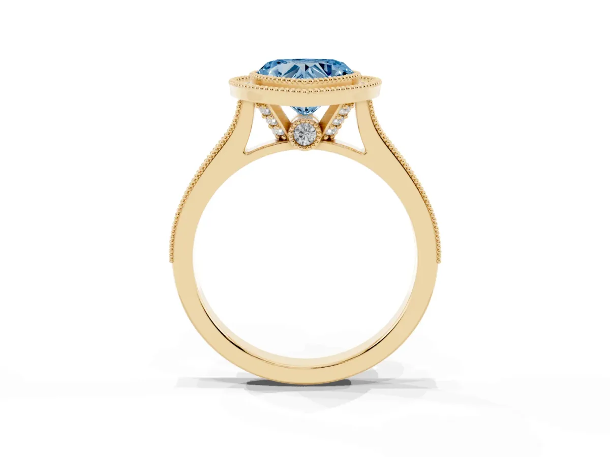 Fancy Blue Halo Heart Cut-Cut Diamond Pave Band Milgrain Prong Setting Ring Yellow gold