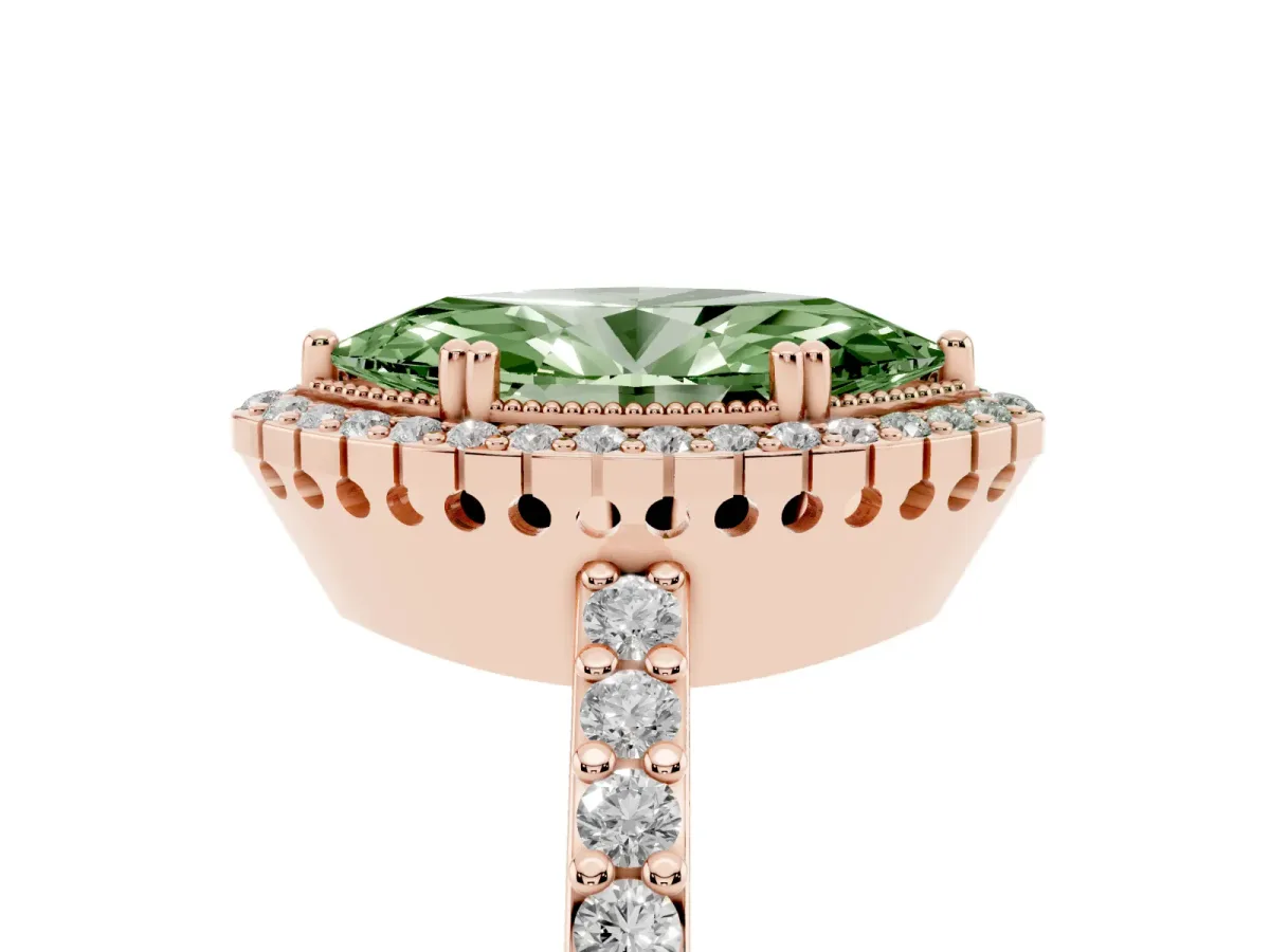 Fancy Green Marquise Cut Cut Diamond Halo Engagement Ring with Milgrain Detail and Pavé Band Rose gold