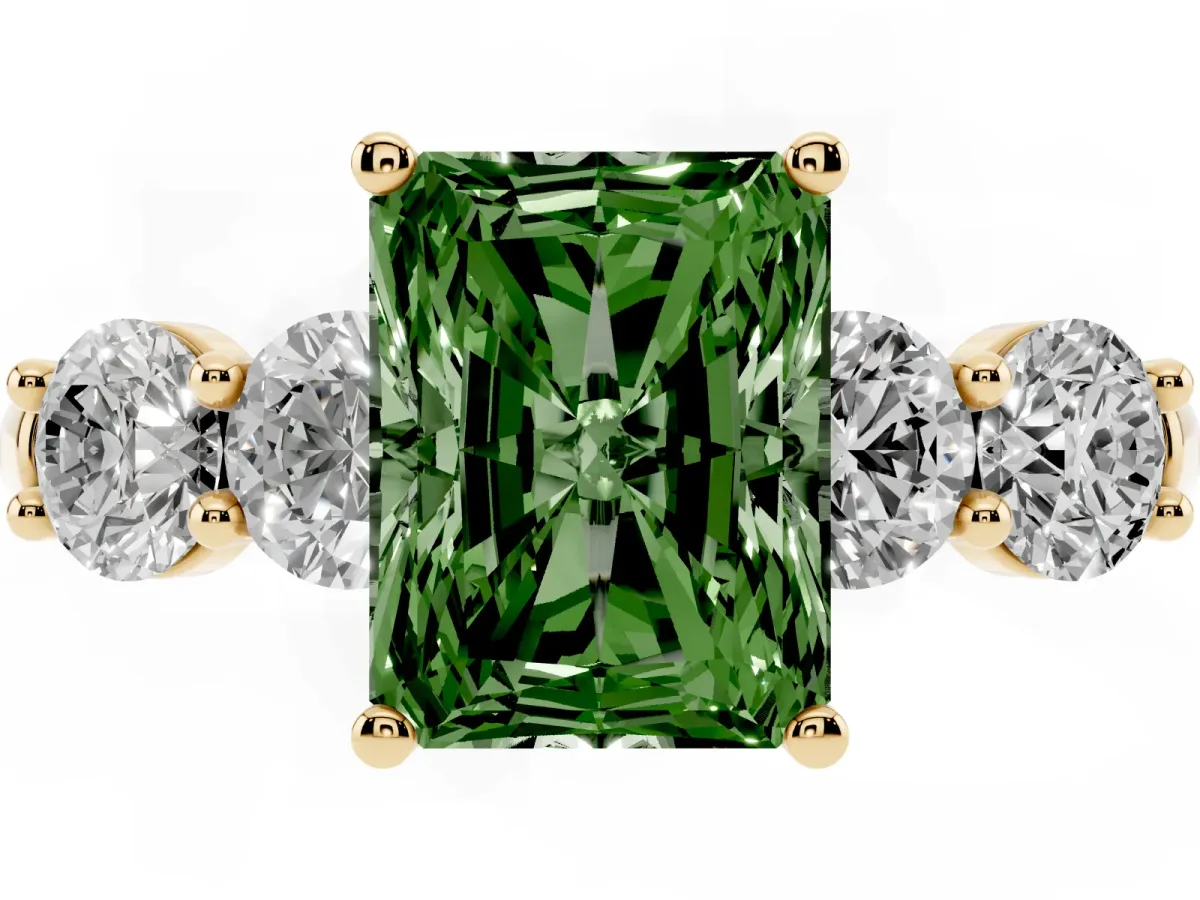 Fancy Green Radiant Cut Cut Five-Stone Prong Set Diamond Ring with Classic Band Yellow gold
