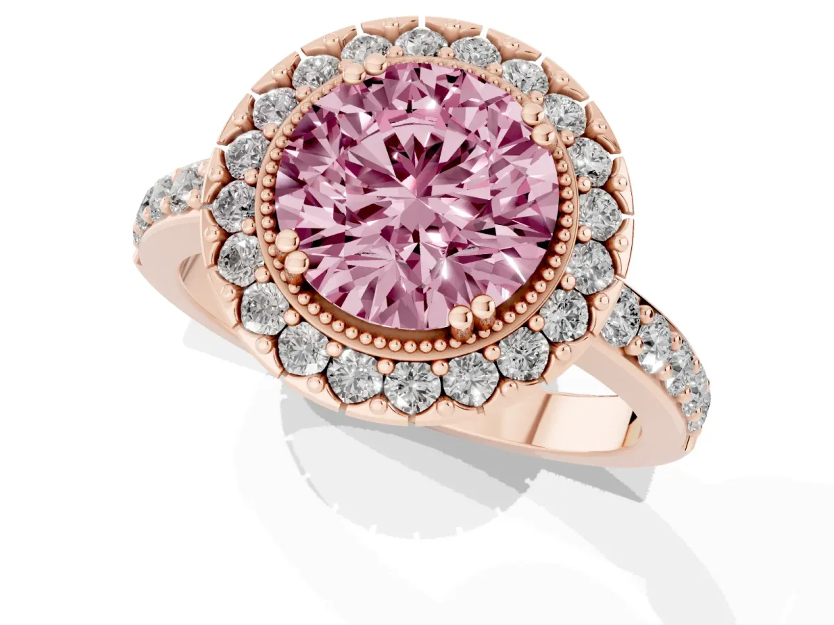 Fancy Pink Round Cut Diamond Halo Ring with Pavé Band and Prong Setting Rose gold