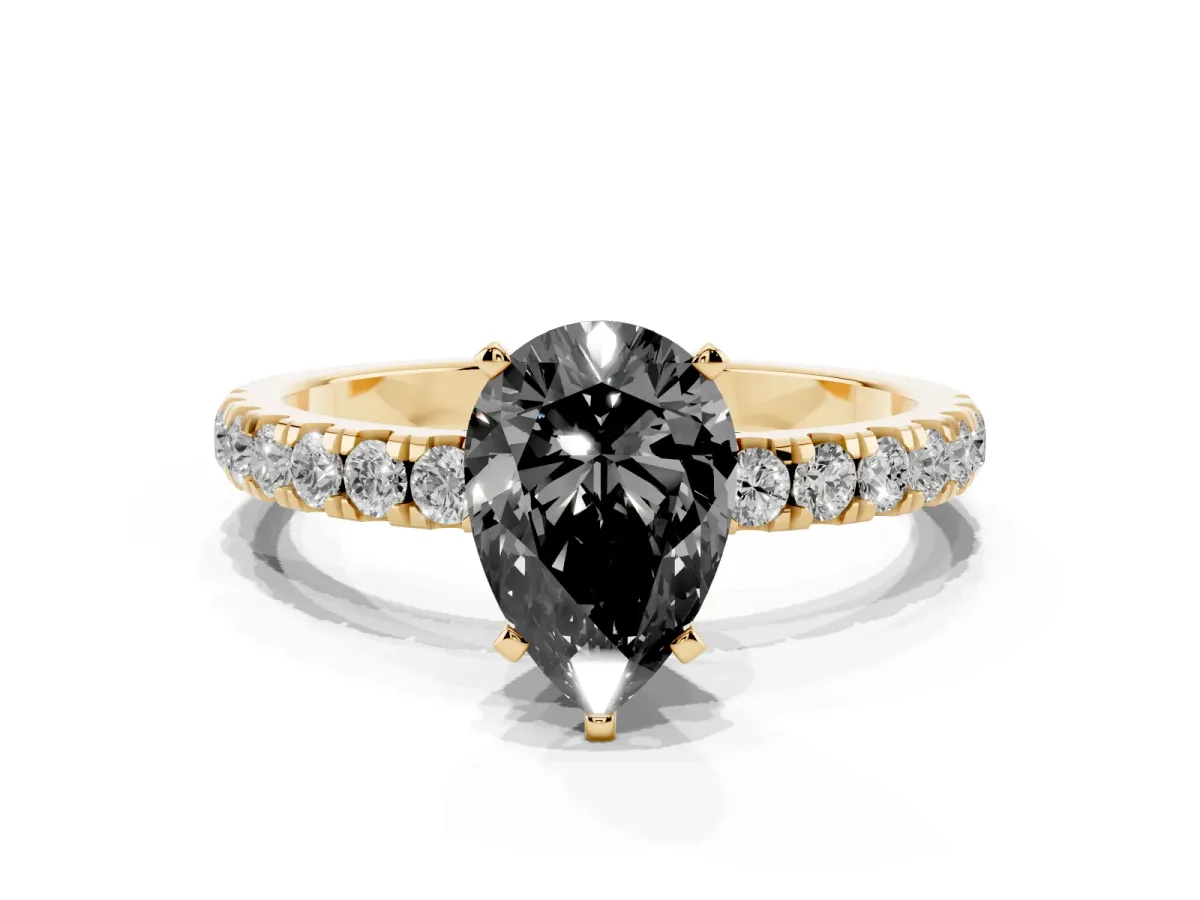 Fancy Black Pear Cut Diamond Solitaire Ring with Pavé Accents and Four-Prong Setting Yellow gold