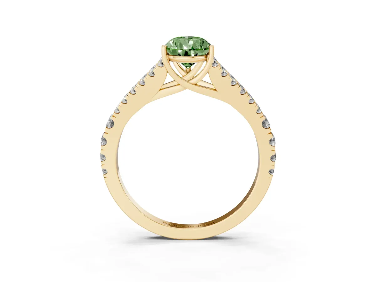 Fancy Green Pear Cut Diamond Split Shank Engagement Ring with Round Pavé and Prong Setting Yellow gold