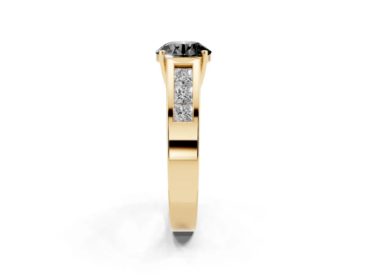 Fancy Black Round Cut Cut Channel Set Solitaire Ring with Four-Prong Setting Yellow gold