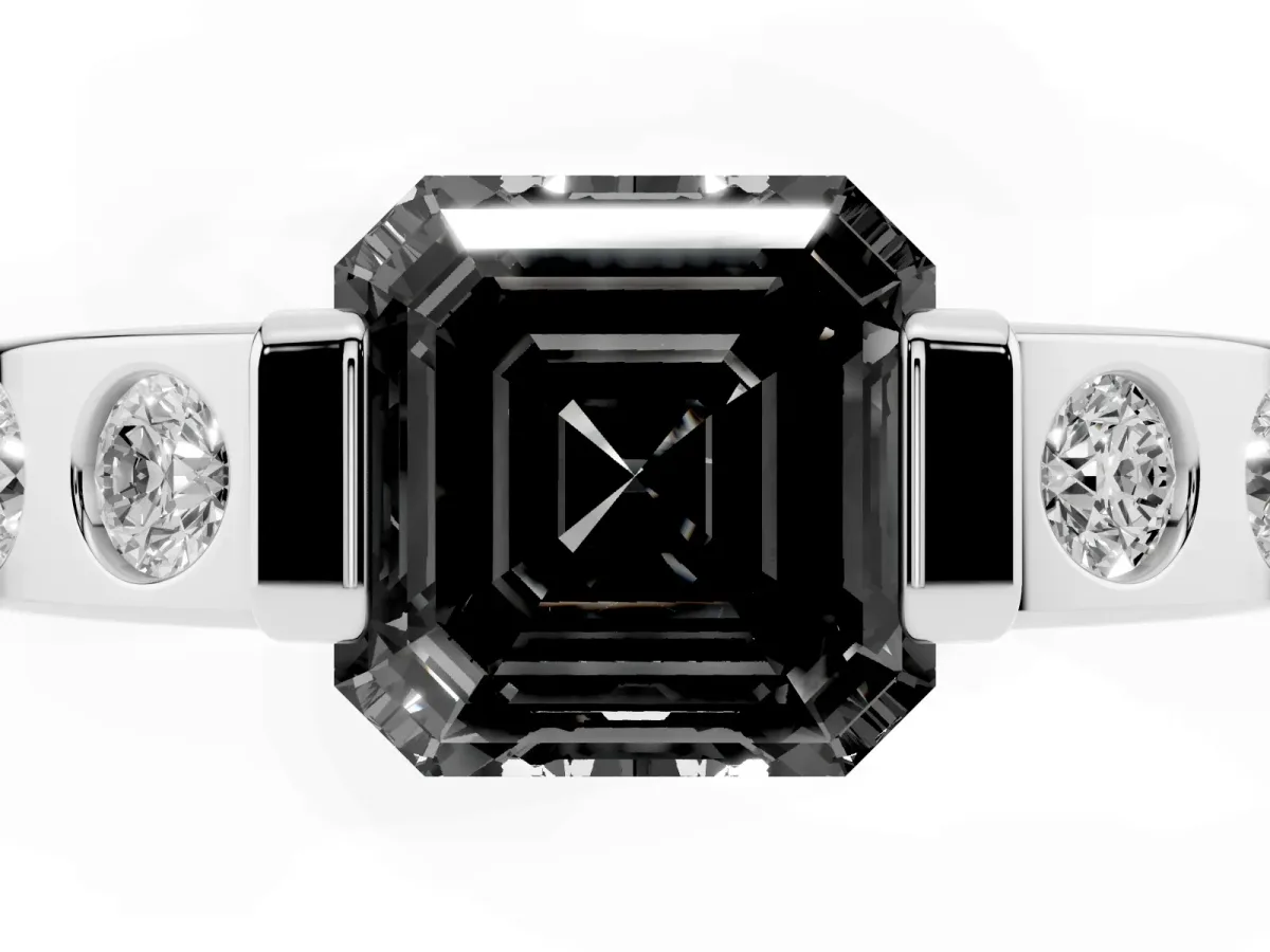 Fancy Black Asscher Cut Brilliant Channel-Set Diamond Ring with Bezel Prong Setting Silver
