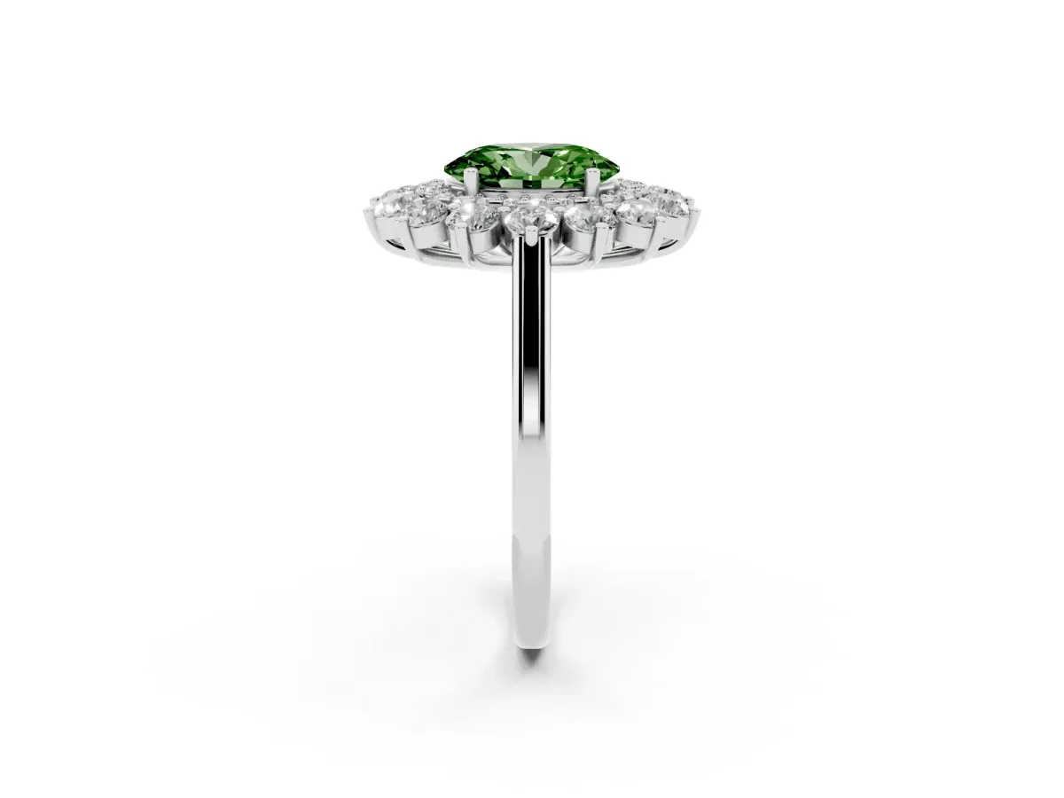 Fancy Green Oval Cut Diamond Floral Double Halo Engagement Ring with Prong Setting Platinum