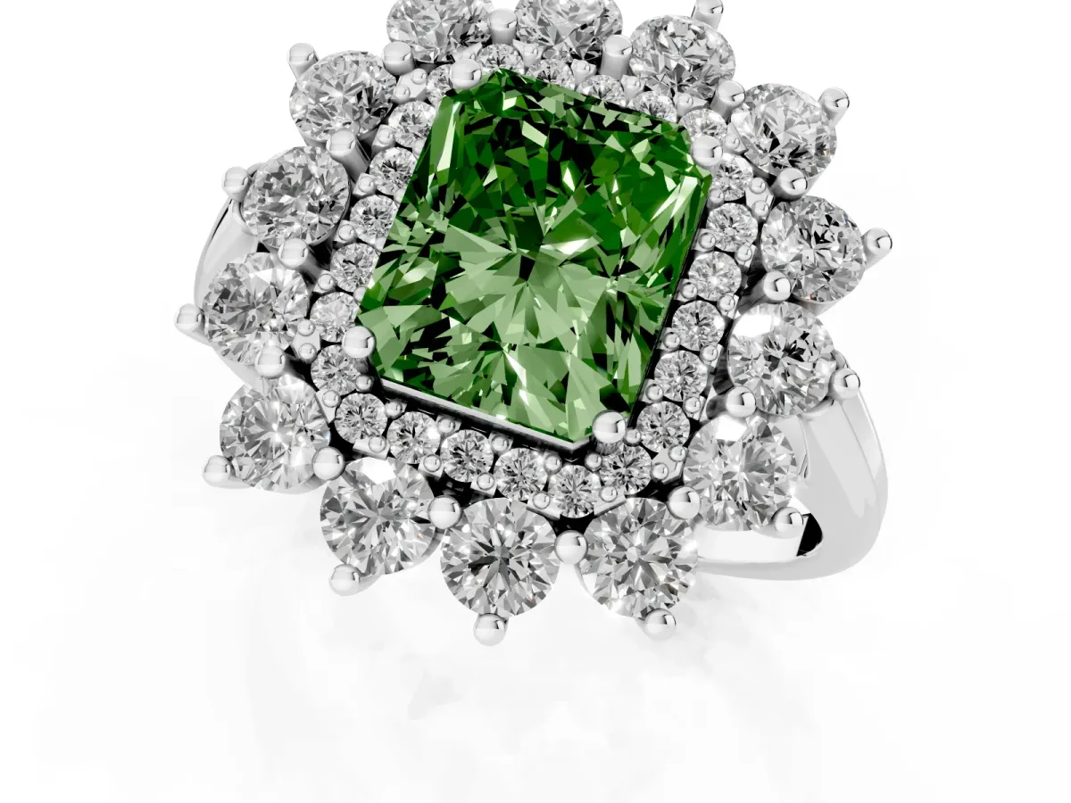 Fancy Green Radiant Cut Diamond Floral Double Halo Engagement Ring with Prong Setting Platinum