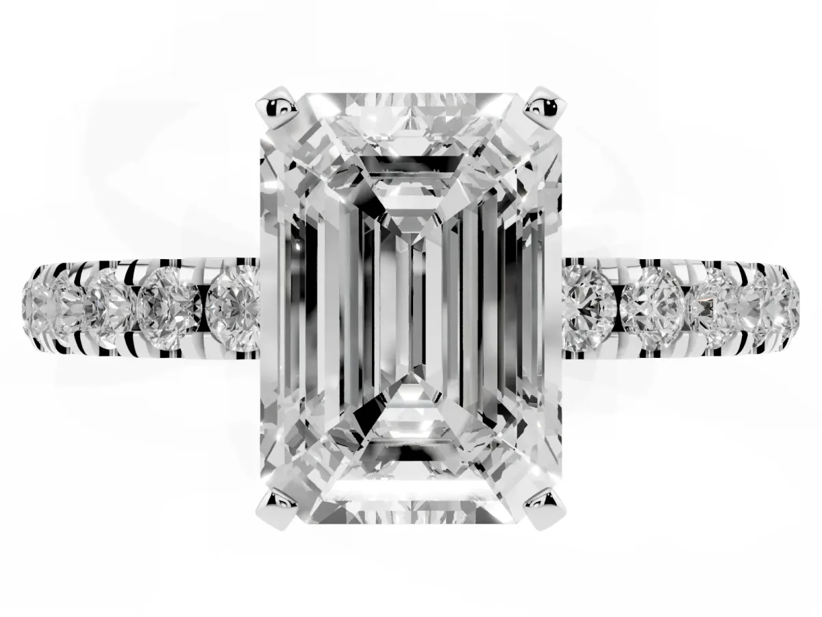 Emerald Cut Diamond Solitaire Ring with Pavé Accents and Four-Prong Setting Silver