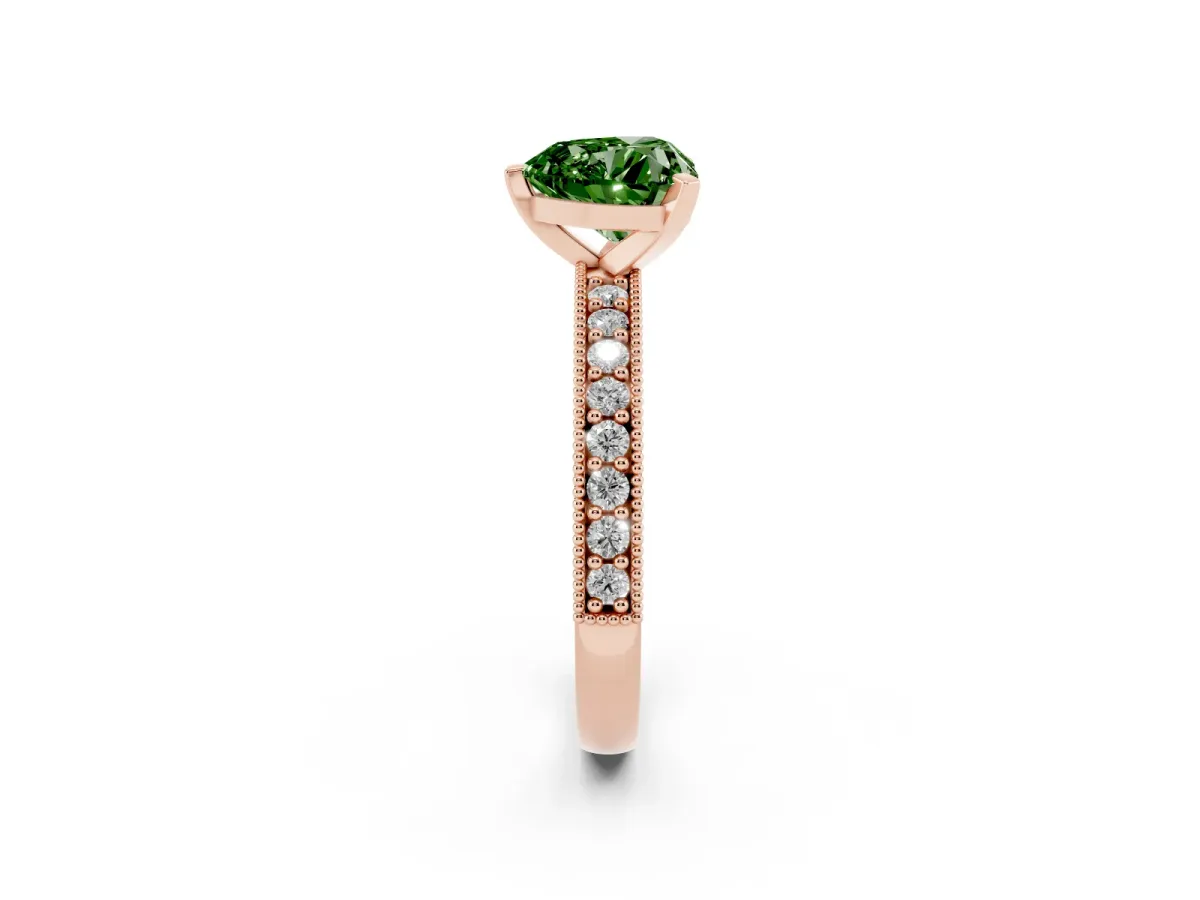 Fancy Green Heart Cut Diamond Milgrain Pavé Engagement Ring with Four-Prong Setting Rose gold