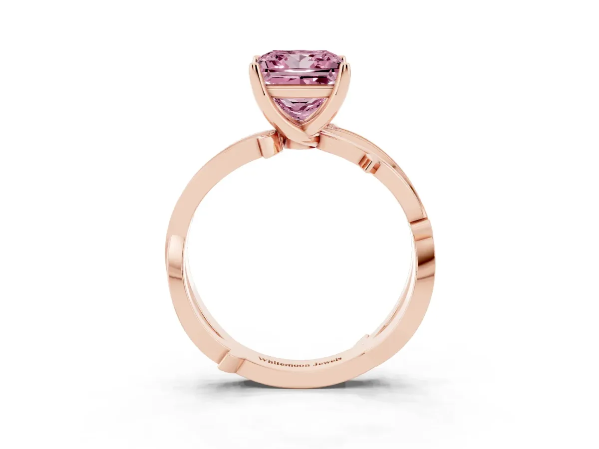 Fancy Pink Princess Cut Solitaire Twist Band with Pavé Accents and Four-Prong Setting Rose gold
