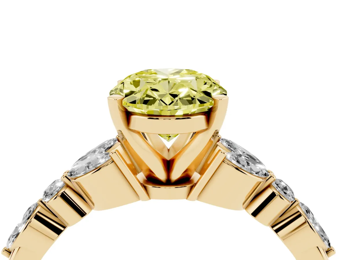 Fancy Yellow Oval Cut Diamond Solitaire Ring with Side Stones and Four-Prong Setting Yellow gold