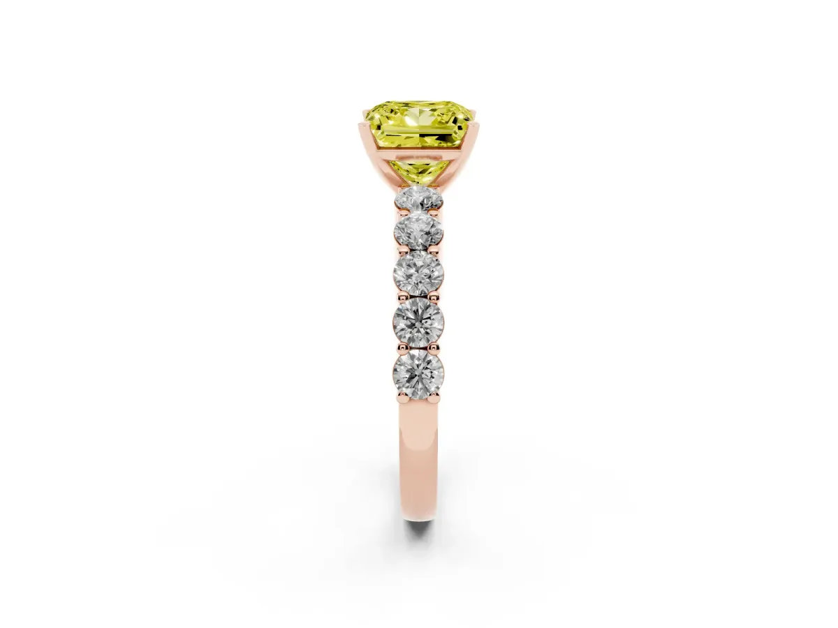 Fancy Yellow Princess Cut Diamond Solitaire Ring with Shared Prong Round Side Stones Rose gold