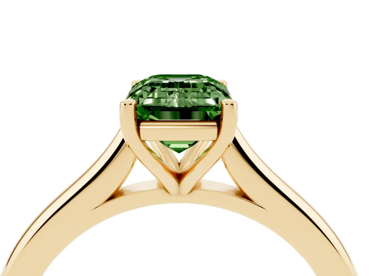 Fancy Green Emerald Cut Cut Solitaire Ring with Cathedral Band and Four-Prong Setting Yellow gold