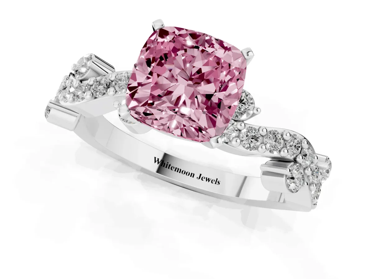 Fancy Pink Cushion Cut Cut Solitaire Diamond Twisted Band with Pave Setting Silver