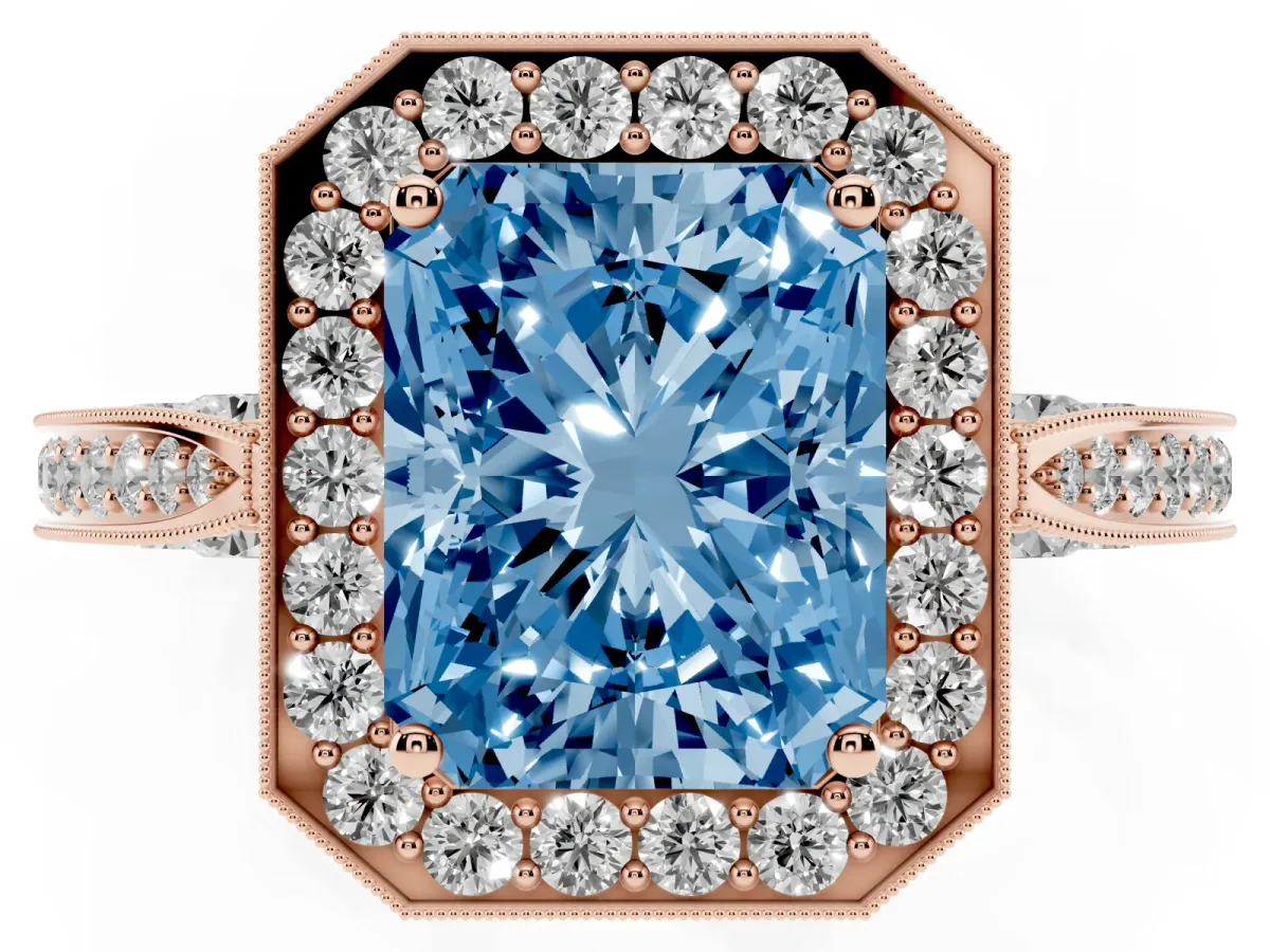 Fancy Blue Radiant Cut Halo Diamond Engagement Ring with Split Shank Band and Four-Prong Setting Rose gold
